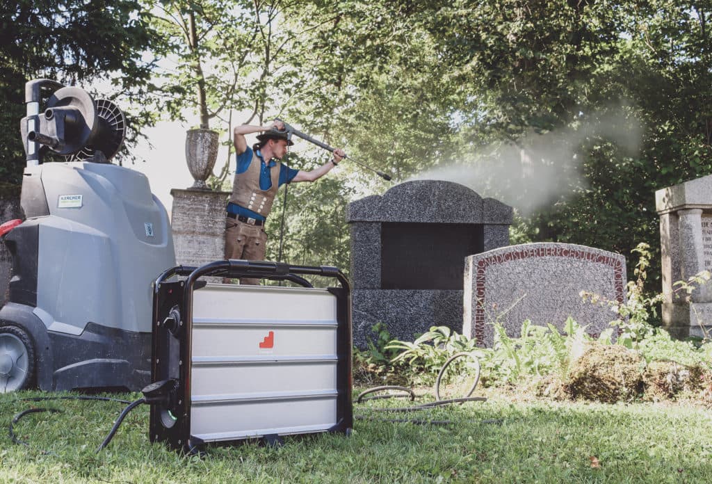 power wash in a graveyard using instagrid ONE Max